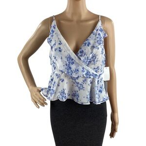 1.STATE Fleur Floral Peplum Wrap Cami Top L Blue White